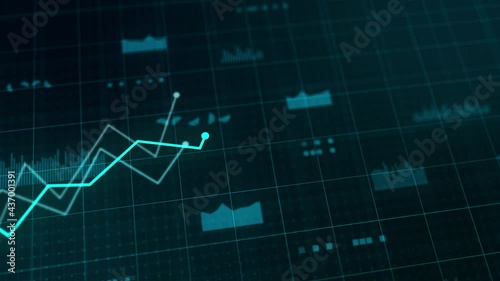 Growing line charts business competition concept - Hi-tech digital style blue and cyan motion graphics animation. Camera movement with depth of field.