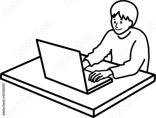 ベクター素材　リモートワークする男性のイラスト　シンプルタッチ