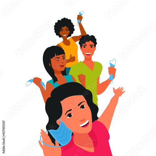 People take off, removes masks after the coronavirus pandemic. Man and women celebrating the end of the epidemic. After the vaccination. A vector cartoon illustration.