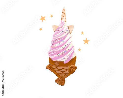 Isolated Taiyaki fish ice cream with vanilla and strawberry flavor on white background. Korean food vector illustration. Summer delight refreshment. Close up ice cream.  