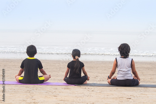 Back of boys and girl meditating in lotus position on mat practicing yoga at beach © Dishant