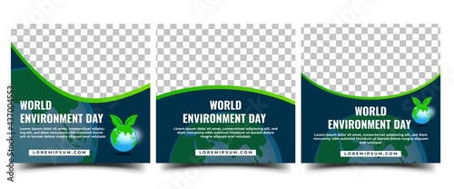World Environment Day Social Media Template. Set of Square Banner Template Design With Globe and Leaf illustration. Vector Design with Place for The Photo.