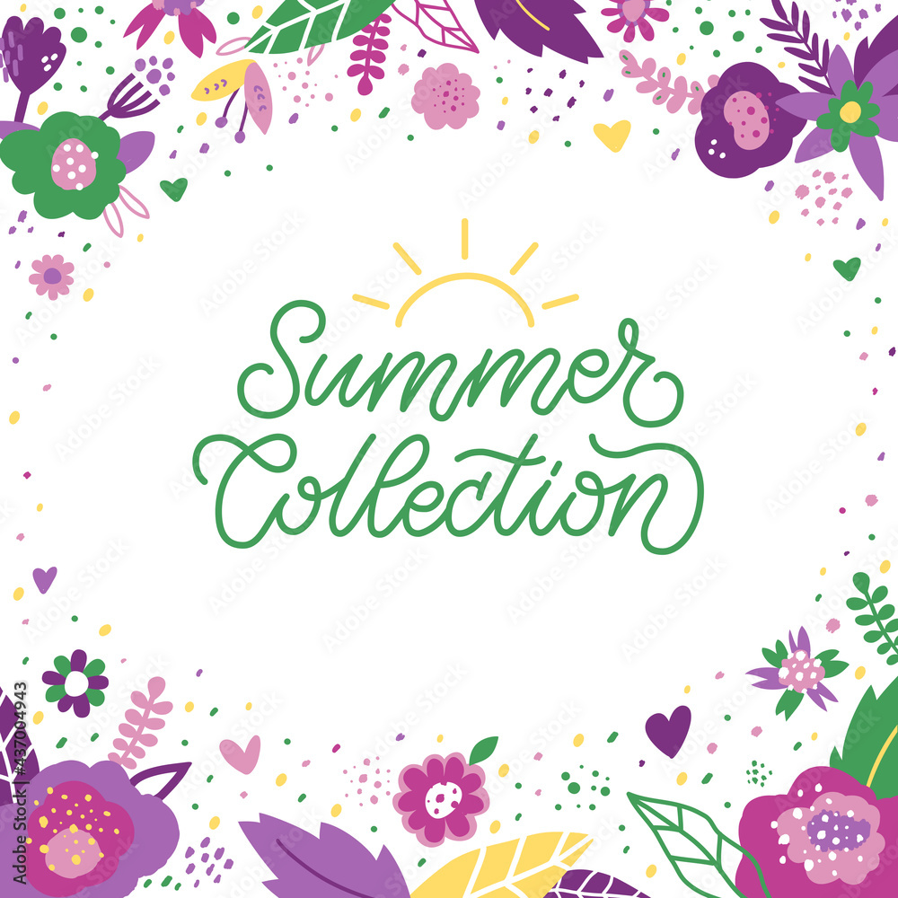 Summer Collection Banner. Trendy Template For Advertising, Greeting Cards, Flyers. Fashion For Kids, Wedding Business. Frame With Flowers and Plants. Vector Illustration Background