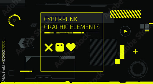 Modern technology abstract graphic with yellow elements and black background. Abstract high tech banner. Digital screen with HUD elements. Futuristic glitch illustration. 