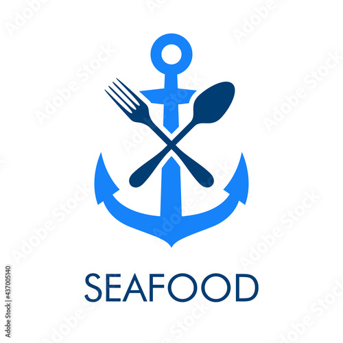 Logotipo con texto Seafood con ancla de barco con cubiertos en aspa en color azul