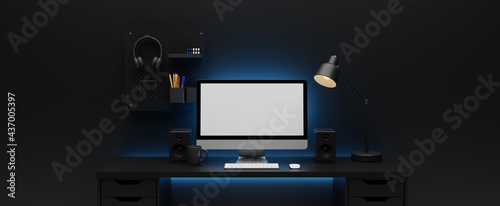 3D illustration Modern Computer with blank screen in the dark room