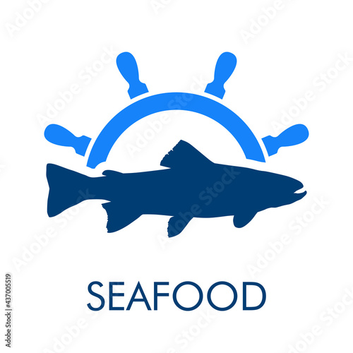 Logotipo con texto Seafood con timón de barco con pescado en color azul