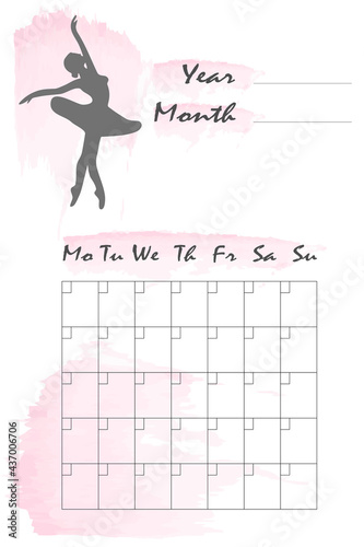 Monthly planner. Business organizer page. Schedule of classes for the dance school