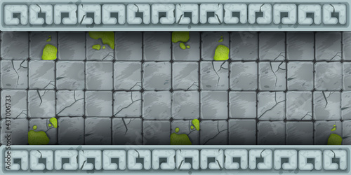 Ancient stone wall, cracked rock vector texture, brick temple background tiles, street cobblestone border. Nature material game illustration, pavement top view. Stone wall mosaic, moss, ornament