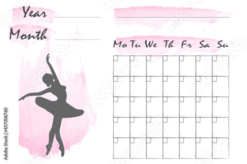 Monthly planner. Business organizer page. Schedule of classes for the dance school