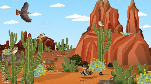 Desert forest landscape at daytime scene with desert animals and plants