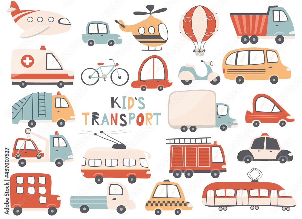 Cute transport set, cartoon cars icons, hand drawn vector illustration