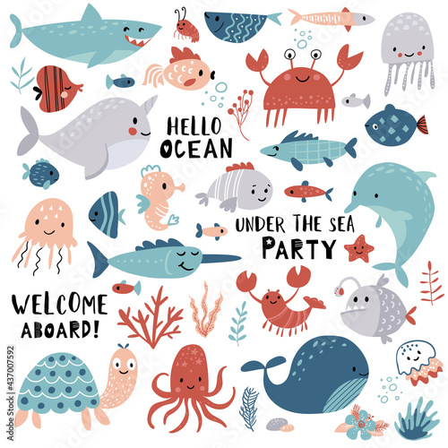 Cute sea animals, ocean set for summer baby shower and girls and boys birthday party design. Cartoon Narwhal, Whale, Dolphin, Crab, Turtle, Octopus, Fish, Medusa.