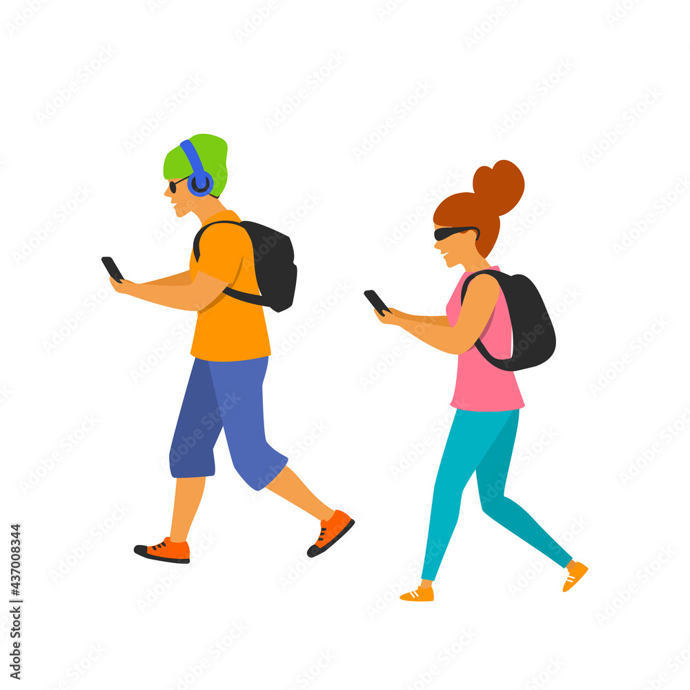 young man and woman walking with smartphones texting on the way young man and woman walking with smartphones texting on the way