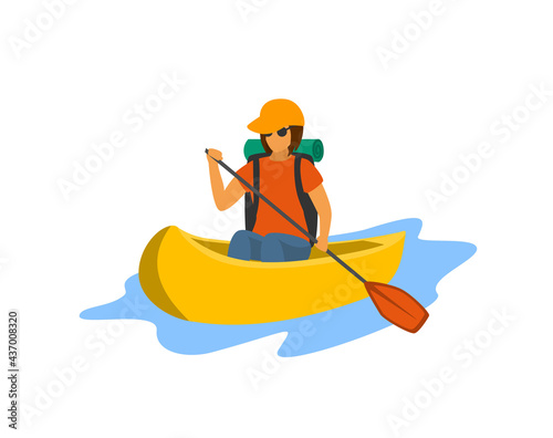young woman traveling paddling canoe isolated vector illustration