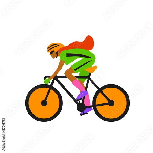 quirky woman race cyclist, riding bike vector illustration