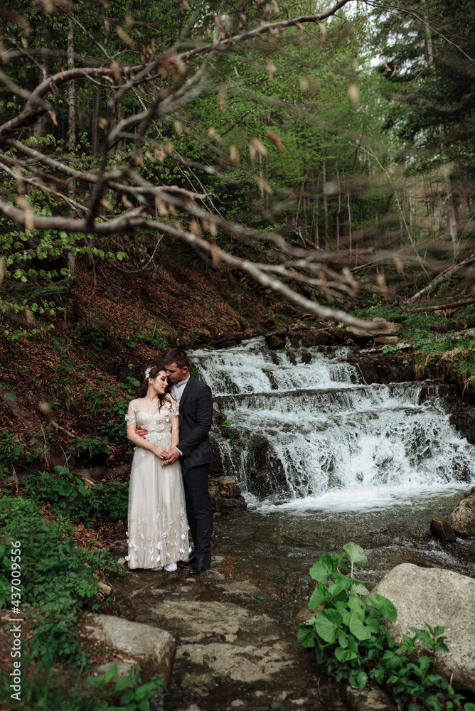 Wedding couple, bride and groom on the background of a waterfall in the woods Wedding couple, bride and groom on the background of a waterfall in the woods