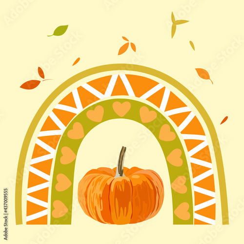Thanksgiving Day. Rainbow with pumpkin and leaves. Vector template for banner, flyer, postcard.
