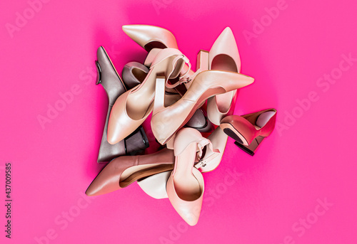 Fashionable women shoes isolated on pink background. View from above. Shoe for women