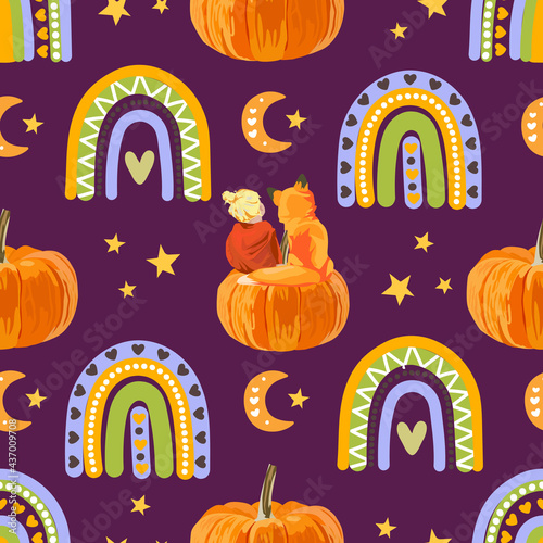 Seamless autumn pattern with pumpkins, rainbows, girls and foxes. Vector illustration.

