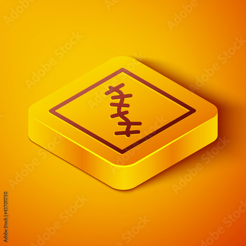 Isometric line Scar with suture icon isolated on orange background. Yellow square button. Vector