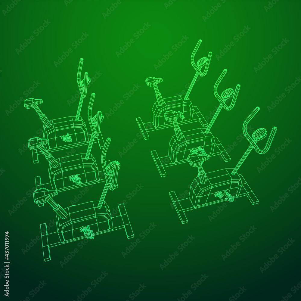 Excercise Bike. Gym equipment. Sport cardio fitness concept. Wireframe low poly mesh vector illustration.