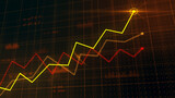 Red and yellow growing line charts for business development. Marketing competition concept. Corporate growth with increasing graphs. Computer illustration with depth of field