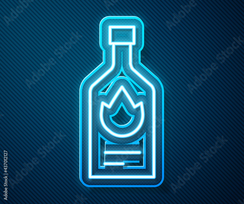 Glowing neon line Tabasco sauce icon isolated on blue background. Chili cayenne spicy pepper sauce. Vector
