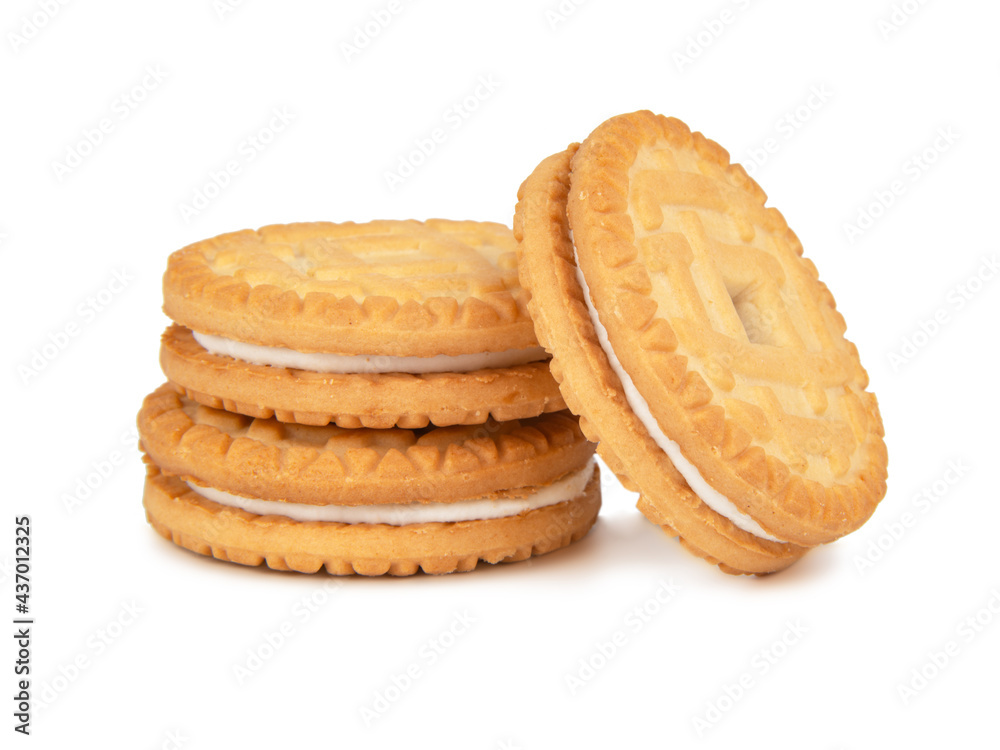 Biscuit sandwich cookies with milk creamy filling isolated on the white background Biscuit sandwich cookies with milk creamy filling isolated on the white background