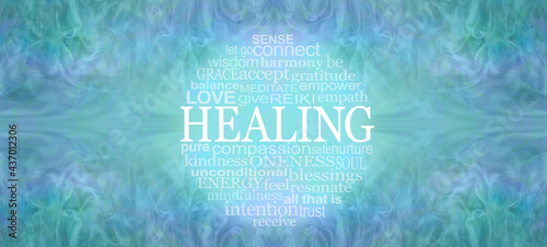 Healing Circle Spiritual Words Message Banner - beautiful symmetrical blue green etheric background with a centrally position circular healing word cloud with copy space
 photo