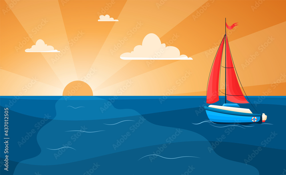 Fototapeta premium Vector illustration of a yacht at sea on a sunset background. Sailing. Yacht with scarlet sails in flat style. Sunset at sea with sailboat and seagulls. Summer vacation vector background