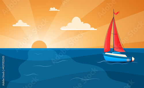 Vector illustration of a yacht at sea on a sunset background. Sailing. Yacht with scarlet sails in flat style. Sunset at sea with sailboat and seagulls. Summer vacation vector background