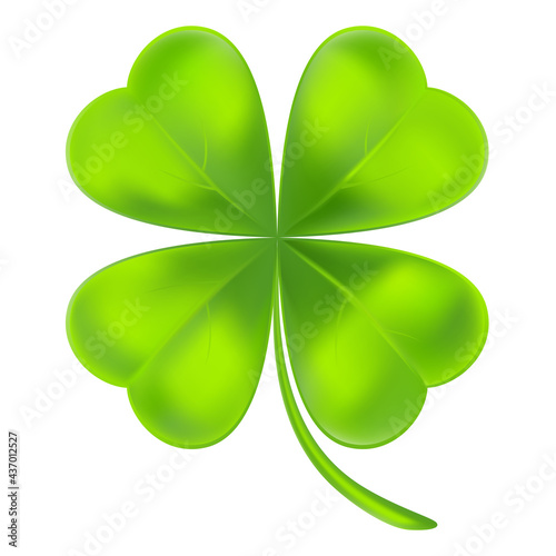 Lucky clover leaf in realistic style. Cartoon single shamrock. Beautiful artwork with gradient mesh. Vector illustration.
