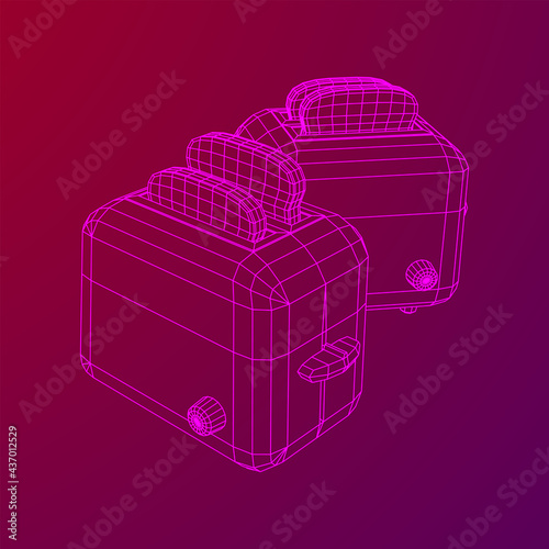 Toaster with two fried pieces of loaf prepared for a breakfast. Wireframe low poly mesh vector illustration.