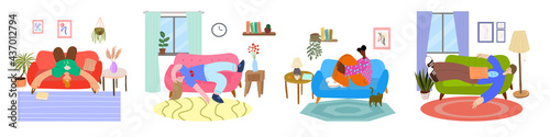 Apathetic people at home set.The concept of procrastination and apathy.People are depressed at home.Flat illustration