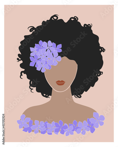 Cute dark skinned young woman with curly hair and purple hydrangea flower. Brunette girl afro hairstyle pastel color portrait. Trending boho wall art fashion print poster. Stock vector illustration.