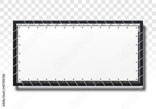 Billboard template. White stretch ad banner mockup on metal frame with empty copy space on transparent background. Vector illustration