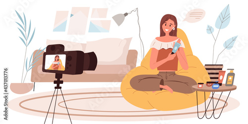 Blogging web concept in flat style. Beauty blogger records video review. Woman making makeup tutorial at her video channel. People character activities scenes. Vector illustration for website template