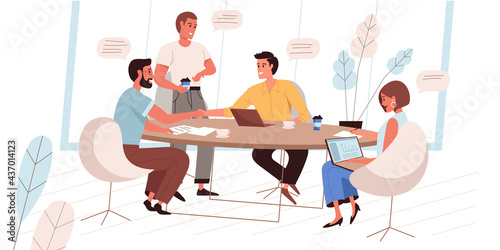 Business meeting web concept in flat style. Company employees communicate in conference room. Colleagues discuss work tasks. People character activities scene. Vector illustration for website template