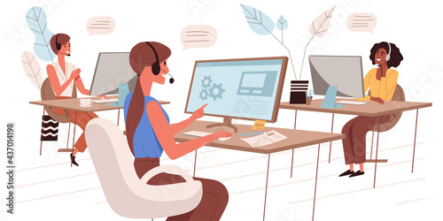 Call center web concept in flat style. Operators in headsets take calls, advise clients. Tech support or hotline service. People character activities scene. Vector illustration for website template