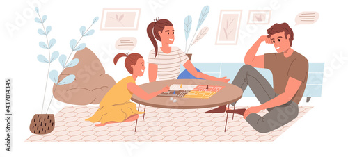 Family activity web concept in flat style. Mom, dad and daughter play board game, spend time together. Playtime and leisure. People character activities scene. Vector illustration for website template