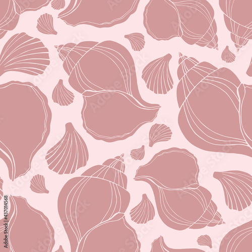 Trendy flat silhouette sea shells seamless pattern for fabric, textile, apparel, cloth, interior, stationery, package. Modern handmade aquatic endless texture. Tropical ocean shells editable design