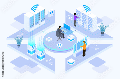 data center or server room processing data operation with security protection and maintenance with isometric design style - vector 