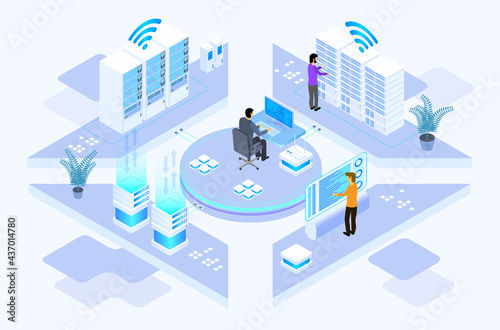 data center or server room processing data operation with security protection and maintenance with isometric design style - vector	