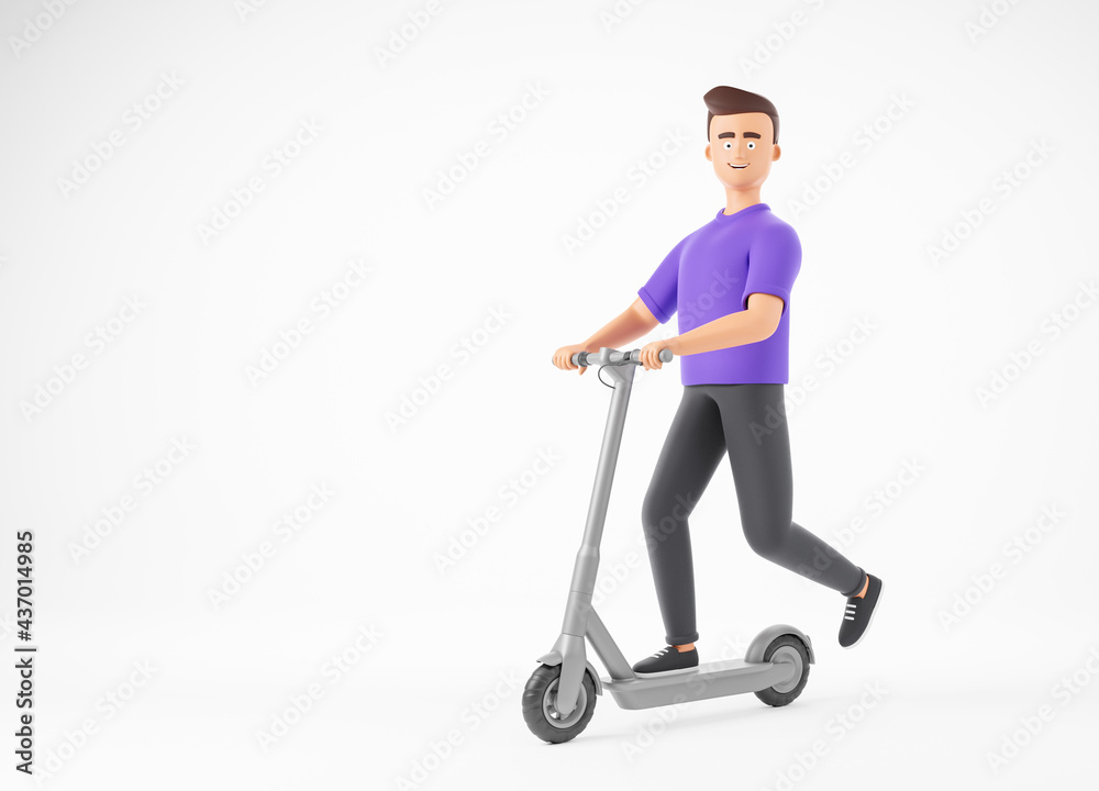Happy cartoon character man in purple t-shirt ride gray electric kick scooter over white background. Eco friendly urban city transport concept. Happy cartoon character man in purple t-shirt ride gray electric kick scooter over white background. Eco friendly urban city transport concept.