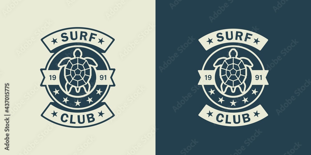 Obraz premium Set of color illustrations turtle, starfishes and text on the background. Vector illustration for emblem, sticker, label, poster, print. Surfing club symbol. Summer vacation at the sea.