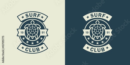 Set of color illustrations turtle, starfishes and text on the background. Vector illustration for emblem, sticker, label, poster, print. Surfing club symbol. Summer vacation at the sea.
