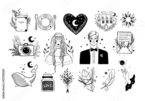 Bride and groom, wedding bohemian icons set for invitation design, scrapbooking. Linear art elements for mystical wedding party. Vector illustration.