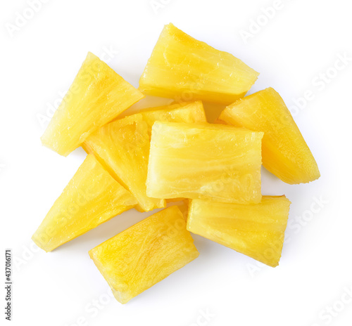 Canned pineapple chunks. Pineapple slices isolated. Pineapple top view.