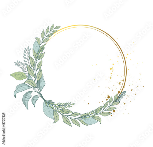 Elegant floral frame of leaves, round wreath of greenery and plants. Green bouquet and gold frame for wedding invitation. Eucalyptus and fern branches. Vector illustration.